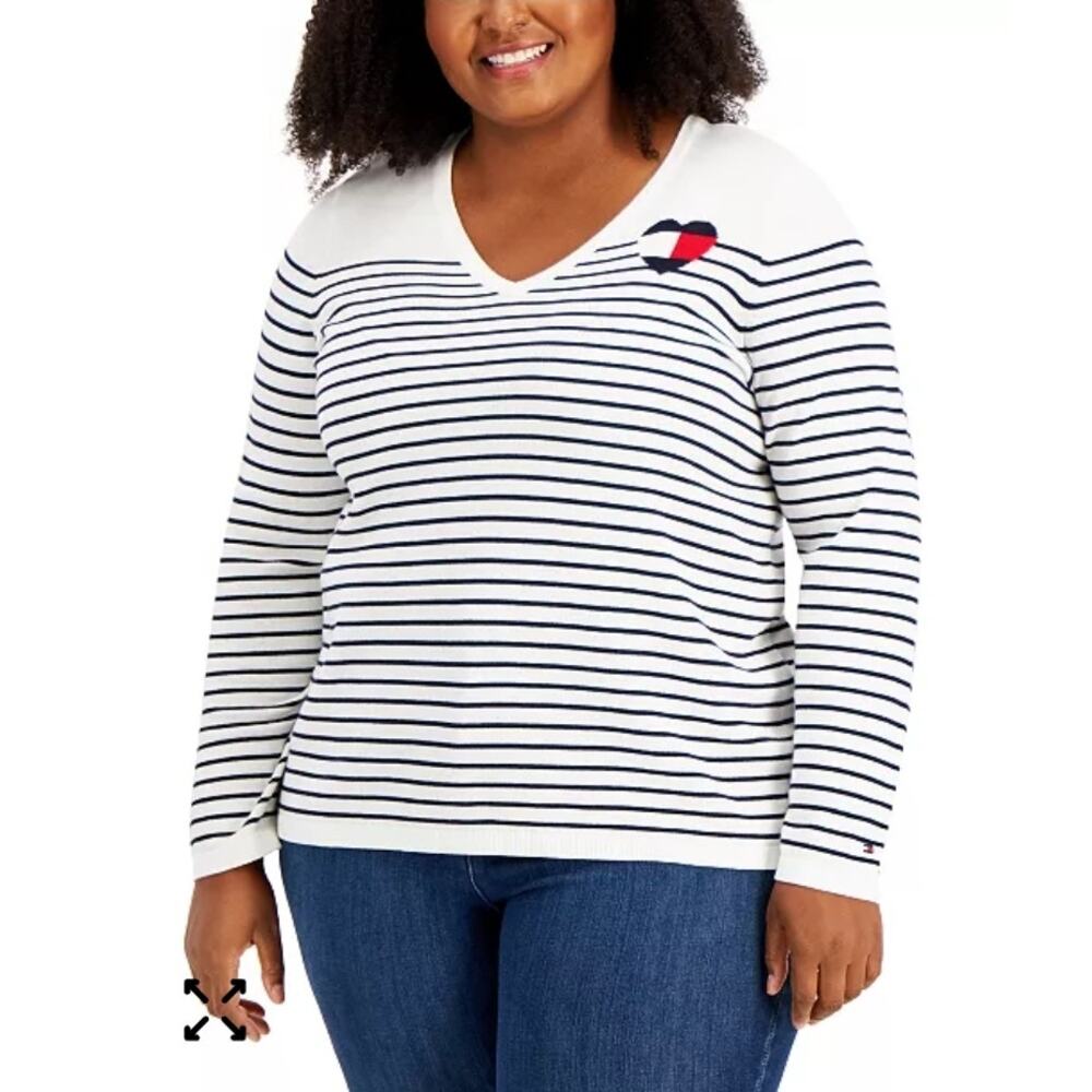 TOMMY HILFIGER 3X V-NECK TOP PLUS SIZE WOMEN'S  COTTON STRIPED LOGO LONG SLEEVES